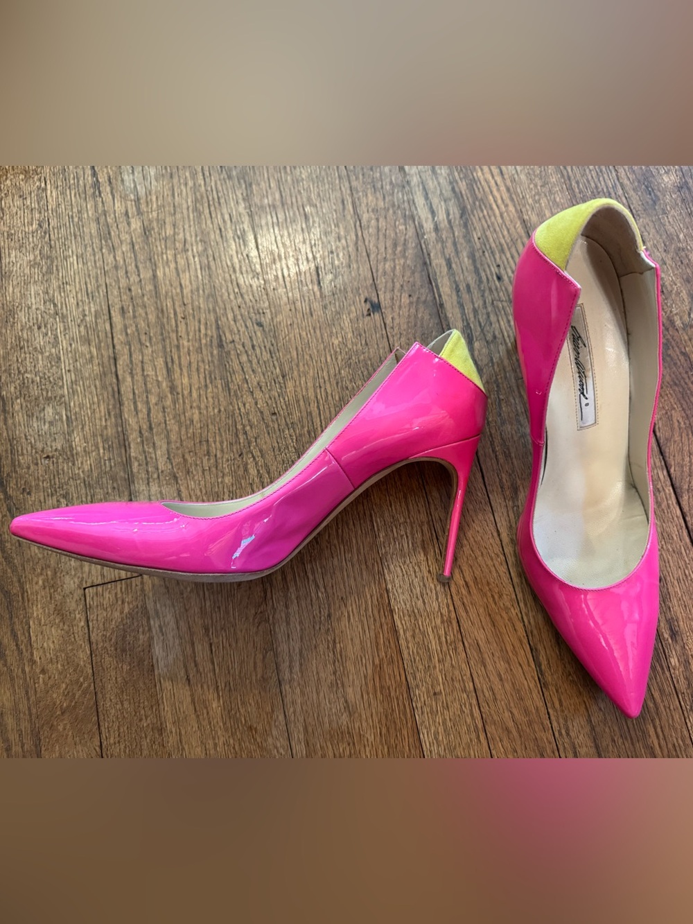 Brian Atwood Bright Pink Patent Stiletto Pumps w/ Yellow Detail - size 40